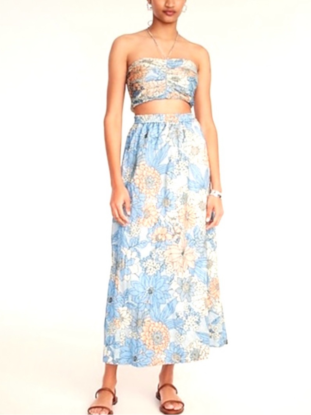 J.Crew Textured Satin Floral Blue Halter Bandeau Top Maxi Skirt Set Sz X-Small